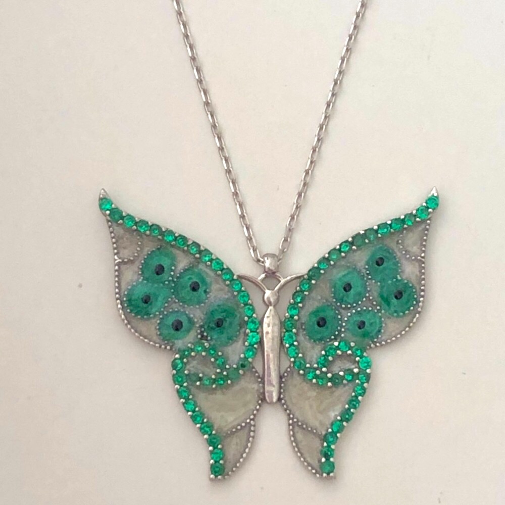 Green Butterfly Cz 925 Silver Necklace